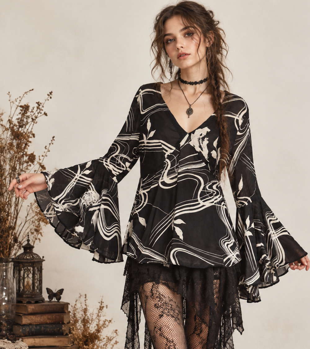 VTG Anna Bella Abstract Bell Sleeve Blouse Sz S USA Made Fairy Grunge Whimsigoth